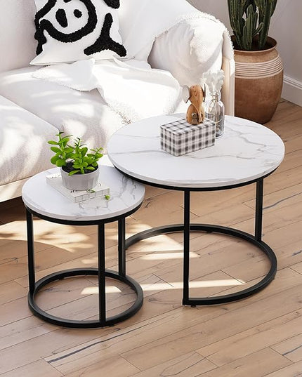 White Nesting Coffee Table Set of 2, 23.6" Round Coffee Table Wood Grain Top with Adjustable Non-Slip Feet, Industrial End Table Side Tables for Living Room Bedroom Balcony Yard - LeafyLoom