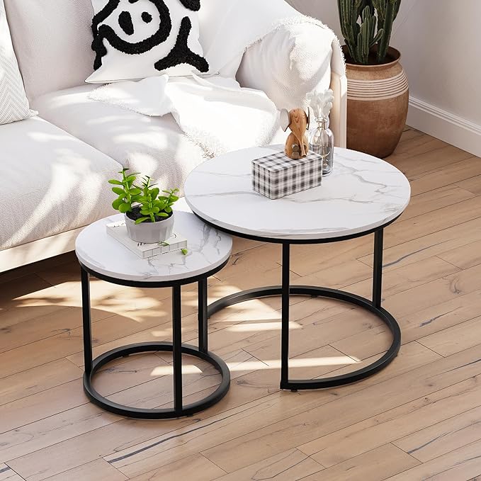 White Nesting Coffee Table Set of 2, 23.6" Round Coffee Table Wood Grain Top with Adjustable Non-Slip Feet, Industrial End Table Side Tables for Living Room Bedroom Balcony Yard - LeafyLoom