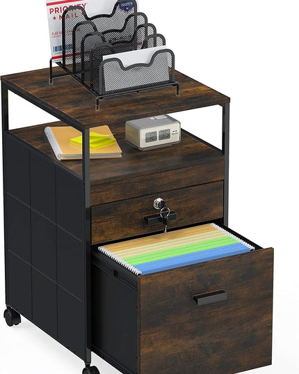 SHW Rolling File Cabinet w/ 2 Drawers & Open Shelf, Rustic Brown - LeafyLoom