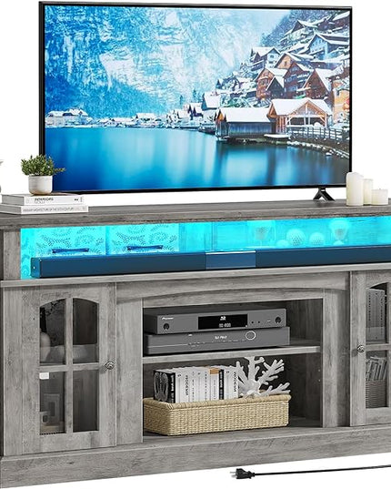 YITAHOME LED Farmhouse TV Stand for TV up to 65 Inch w/Outlets, Highboy Media Entertainment Center Console Table Adjustable Storage Shelves &Cabinet Glass Door for 400lbs for Living Room, Rustic Gray - LeafyLoom