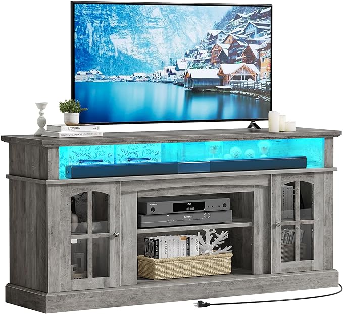 YITAHOME LED Farmhouse TV Stand for TV up to 65 Inch w/Outlets, Highboy Media Entertainment Center Console Table Adjustable Storage Shelves &Cabinet Glass Door for 400lbs for Living Room, Rustic Gray - LeafyLoom