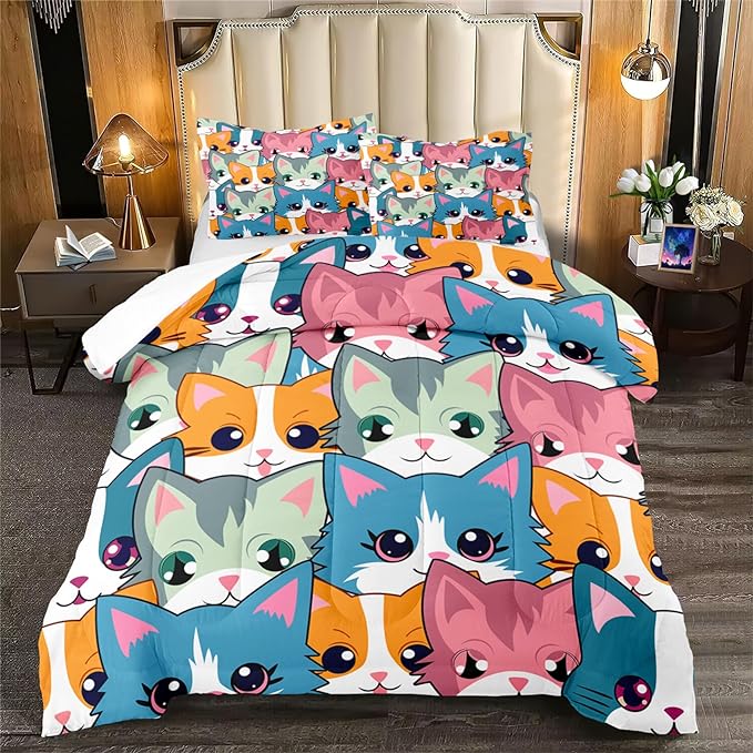 Cat Comforter Set for Girls - Balck Neon Cartoon Cats Bedding Set for Girls Bedroom Ultra Soft Cats Queen Size Comforter Set for All-Season with 1 Comforter and 2 Pillowcases Girls Room Decor - LeafyLoom