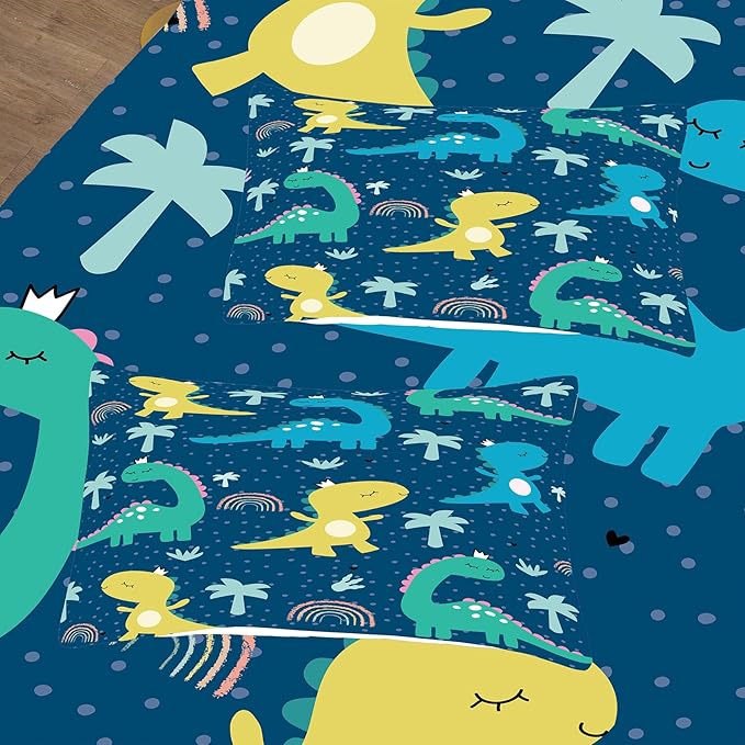 NINENINE Dark Blue Dinosaur Comforter Sets,Full Bedding Sets for Boys,Dinosaur Comforter Sets for Kids,Cartoon Bedding Sets with 1 Comforter 2Pillowcases - LeafyLoom