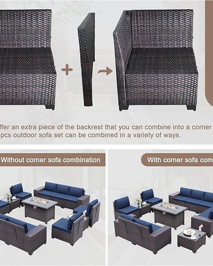 13PCS Patio Furniture Sectional Sofa Set PE Rattan Patio Conversation Set w/43in Gas Fire Pit Table, Outdoor Furniture with 55000 BTU Propane Fire Pit, Navy Blue - LeafyLoom
