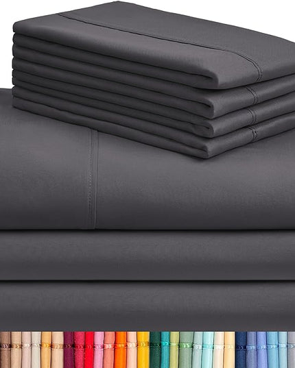 LuxClub 7 PC Split King Sheet Set, Breathable Luxury Bed Sheets, Deep Pockets 18" Eco Friendly Wrinkle Free Cooling Sheets Machine Washable Hotel Bedding Silky Soft - Dark Grey Split King - LeafyLoom