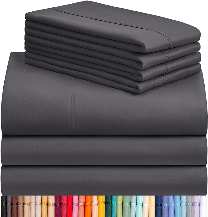 LuxClub 7 PC Split King Sheet Set, Breathable Luxury Bed Sheets, Deep Pockets 18" Eco Friendly Wrinkle Free Cooling Sheets Machine Washable Hotel Bedding Silky Soft - Dark Grey Split King - LeafyLoom