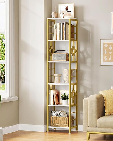 YITAHOME Narrow Bookshelf, 5-Tier White and Gold Book Shelf Storage Rack, Display Shelves Stand Etagere for Small Spaces, Open Bookcase for Bedroom Living Room Bathroom Kitchen, Gold - LeafyLoom