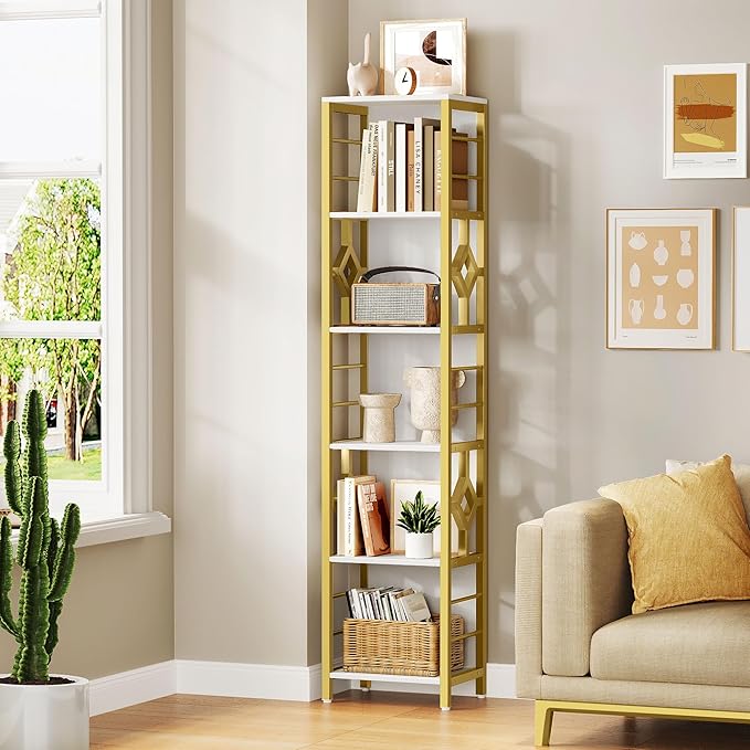 YITAHOME Narrow Bookshelf, 5-Tier White and Gold Book Shelf Storage Rack, Display Shelves Stand Etagere for Small Spaces, Open Bookcase for Bedroom Living Room Bathroom Kitchen, Gold - LeafyLoom