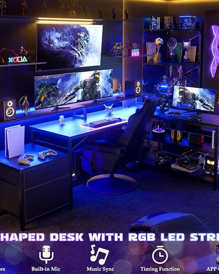 Aheaplus L Shaped Desk with File Drawer, 66" Reversible L Shaped Computer Desk with Power Outlet & LED Strip, Gaming Desk with Long Monitor Stand, Office Desk Corner Desk with Storage Shelf, Black - LeafyLoom