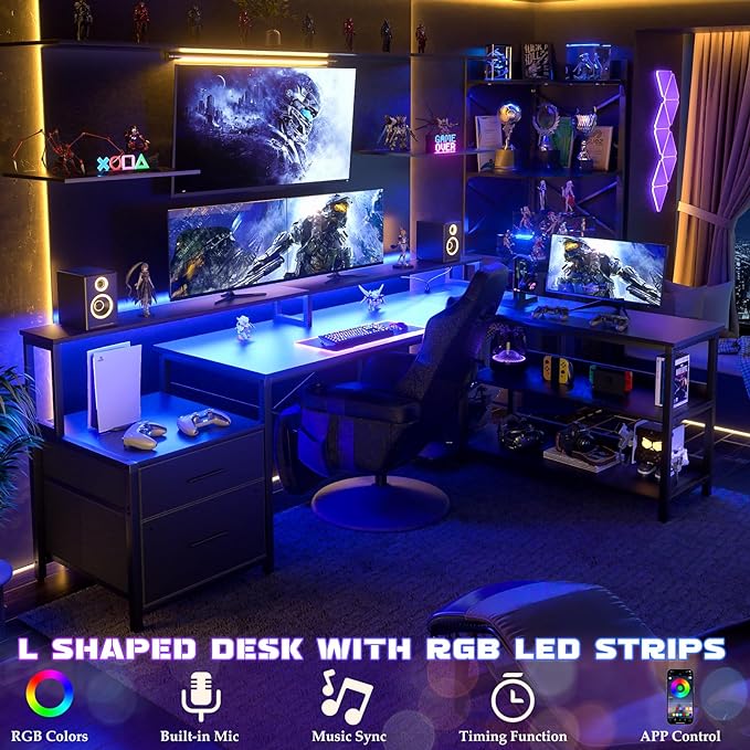 Aheaplus L Shaped Desk with File Drawer, 66" Reversible L Shaped Computer Desk with Power Outlet & LED Strip, Gaming Desk with Long Monitor Stand, Office Desk Corner Desk with Storage Shelf, Black - LeafyLoom