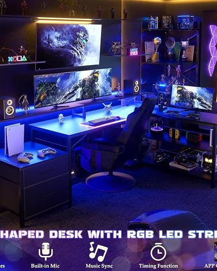 Aheaplus L Shaped Desk with File Drawer, 72.8" Reversible L Shaped Computer Desk with Power Outlet & LED Strip, Gaming Desk with Long Monitor Stand, Office Desk Corner Desk with Storage Shelf, Black - LeafyLoom
