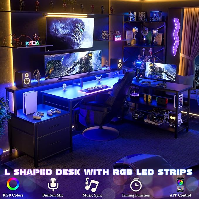 Aheaplus L Shaped Desk with File Drawer, 72.8" Reversible L Shaped Computer Desk with Power Outlet & LED Strip, Gaming Desk with Long Monitor Stand, Office Desk Corner Desk with Storage Shelf, Black - LeafyLoom