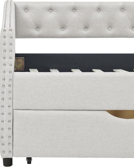 Upholstered Twin Size Daybed with Two Storage Trundle Drawers, Solid Wooden Bed Frame w/Button Tufted Backrest, No Box Spring Needed, for Kids, Bedroom, Dorm - LeafyLoom