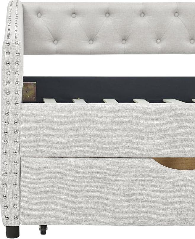 Upholstered Twin Size Daybed with Two Storage Trundle Drawers, Solid Wooden Bed Frame w/Button Tufted Backrest, No Box Spring Needed, for Kids, Bedroom, Dorm - LeafyLoom