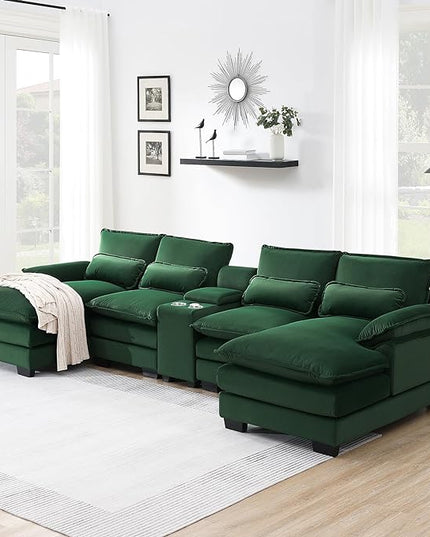 U Shaped Symmetrical Modular Sectional Sofa Cloud Couch with Double Chaise Lounge and Center Console,Cupholders and USB Ports, Deep Seat Upholstered Sleeper Corner Sofa&Couches for Living Room - LeafyLoom