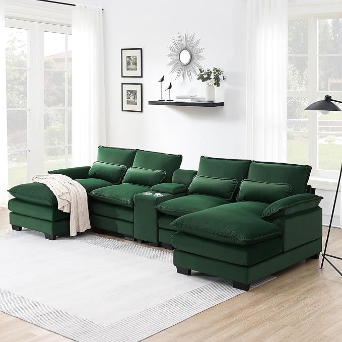 U Shaped Symmetrical Modular Sectional Sofa Cloud Couch with Double Chaise Lounge and Center Console,Cupholders and USB Ports, Deep Seat Upholstered Sleeper Corner Sofa&Couches for Living Room - LeafyLoom