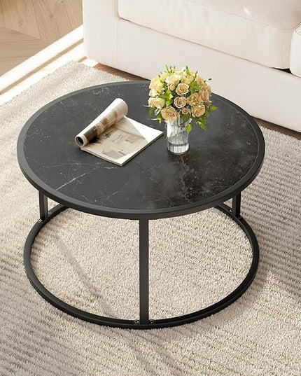 SAYGOER Small Coffee Table Black Round Marble Center Tables Open Space Underneath for Living Room Home Office 27.6 * 27.6 * 17.7, Black Faux Marble - LeafyLoom