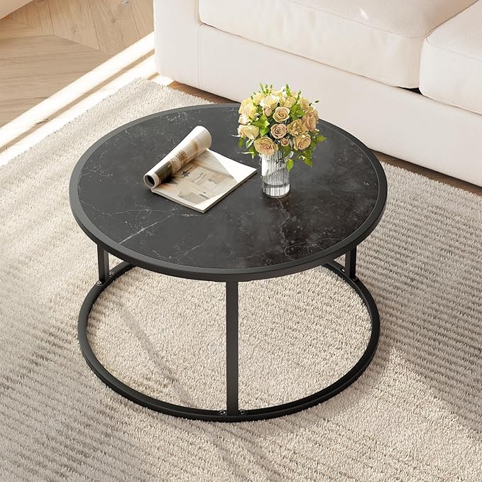 SAYGOER Small Coffee Table Black Round Marble Center Tables Open Space Underneath for Living Room Home Office 27.6 * 27.6 * 17.7, Black Faux Marble - LeafyLoom