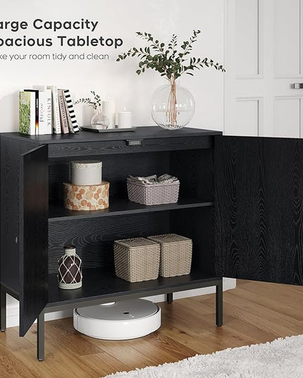 Brafab Rattan Cabinet Buffet Cabinet, Sideboard Cabinet with Natural Rattan Decorated Doors, Accent Cabinet, for Living Room, Entryway, Bedroom, Dining Room/Square Doors, Black - LeafyLoom