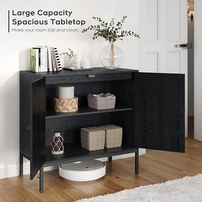 Brafab Rattan Cabinet Buffet Cabinet, Sideboard Cabinet with Natural Rattan Decorated Doors, Accent Cabinet, for Living Room, Entryway, Bedroom, Dining Room/Oval Doors, Black - LeafyLoom
