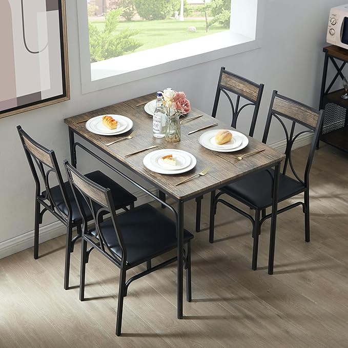 VECELO Kitchen Dining Room Table 4 Chairs for Small Space, Apartment,Metal Steel Frame, 5-Piece Set, Dark Brown - LeafyLoom