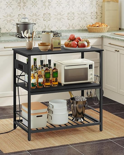 HOOBRO Kitchen Island with Storage, Kitchen Island Table with Power Outlet, 3 Tier Coffee Station and Microwave Stand, for Home, Kitchen and Dining Room, Black BB021ZD01 - LeafyLoom