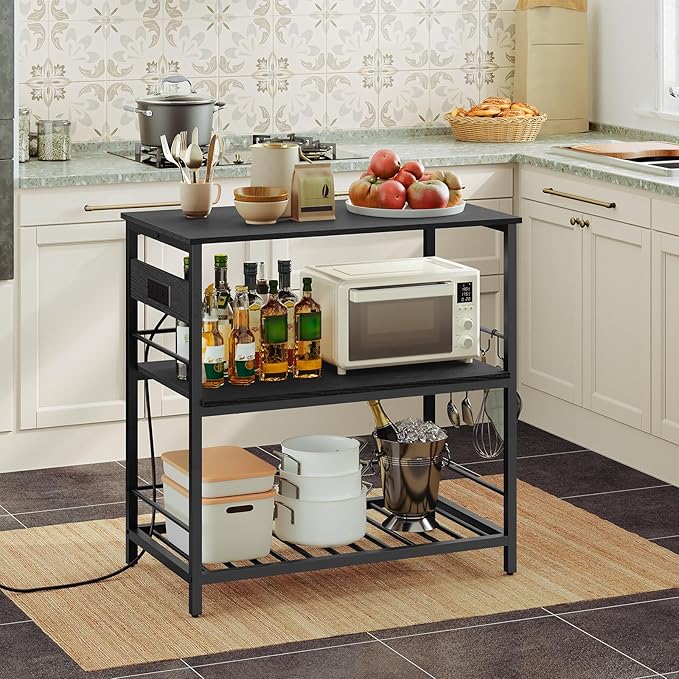 HOOBRO Kitchen Island with Storage, Kitchen Island Table with Power Outlet, 3 Tier Coffee Station and Microwave Stand, for Home, Kitchen and Dining Room, Black BB021ZD01 - LeafyLoom