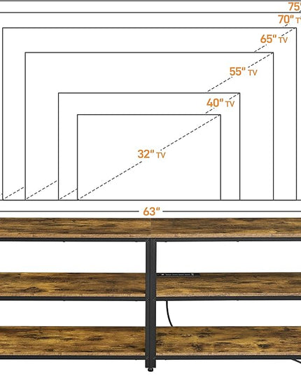 Yaheetech TV Stand with Power Outlet, Industrial TV Stand for 75 Inch TVs, Media TV Console Table with Open Storage Shelves for Living Room, Rustic Brown - LeafyLoom
