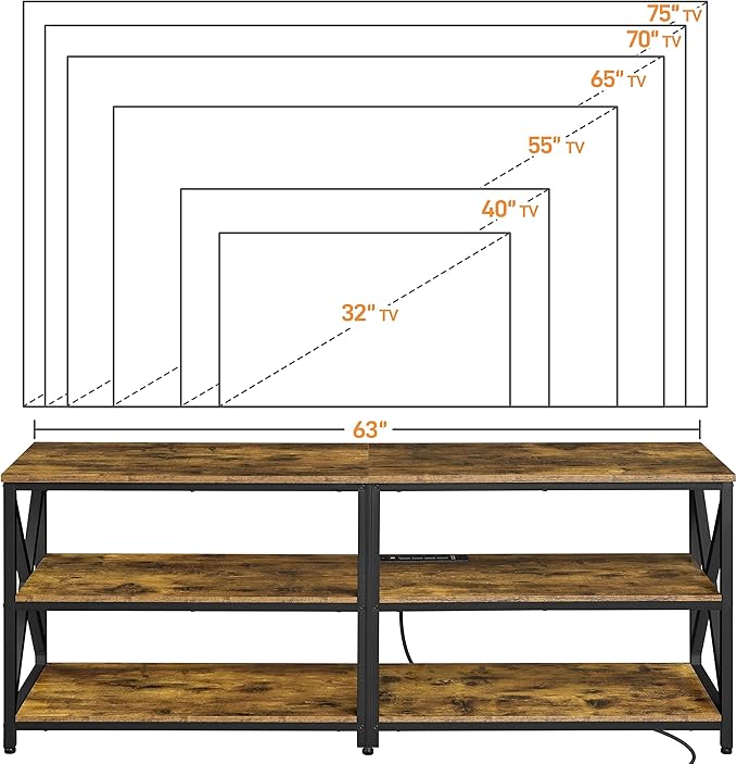 Yaheetech TV Stand with Power Outlet, Industrial TV Stand for 75 Inch TVs, Media TV Console Table with Open Storage Shelves for Living Room, Rustic Brown - LeafyLoom