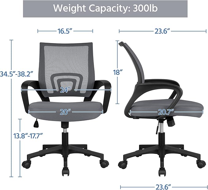 Yaheetech Office Chair Mid Back Executive Task Swivel Rolling Gaming Lumbar Support Modern Desk Computer Ergonomic Mesh Embody Chair Rolly Study Chair with Armrests, Dark Grey - LeafyLoom
