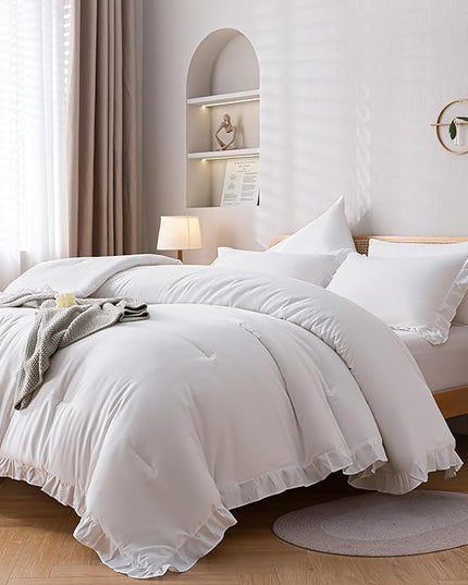 JANZAA California King Comforter Set White Comforter Ruffle 3PCS Soft Fluffy Boho Comforter Vintage Farmhouse Bed Comforter Set Shabby Chic Bedding with 2 Pillowcases for All Season - LeafyLoom