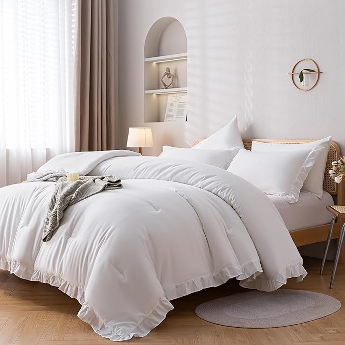 JANZAA California King Comforter Set White Comforter Ruffle 3PCS Soft Fluffy Boho Comforter Vintage Farmhouse Bed Comforter Set Shabby Chic Bedding with 2 Pillowcases for All Season - LeafyLoom