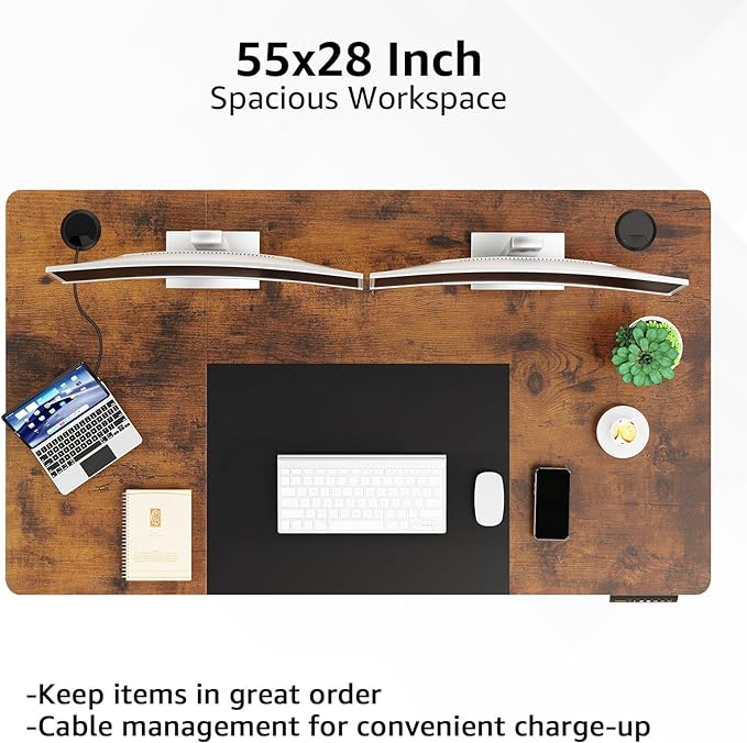 MOUNTUP 55x28 Inches Electric Height Adjustable Standing Desk, Sit Stand Desk with Memory Controller, Ergonomic Stand Up Desk for Home Office with Splice Board, Rustic Brown+Black - LeafyLoom