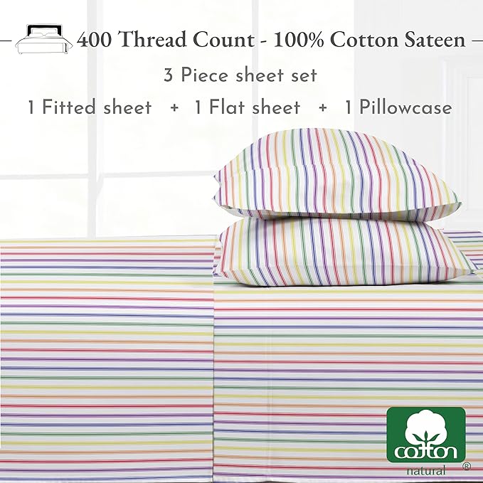 California Design Den Rainbow Stripe Twin Sheets Set, 100% Cotton Sheets, Luxury 400 Thread Count Sateen (Rainbow Striped Sheets) - LeafyLoom