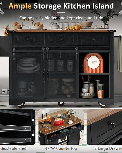53.7" Farmhouse Kitchen Island with Power Outlet, 2 Sliding Barn Door Kitchen Storage Island with Drop Leaf, Spice Rack Rolling Kitchen Cart on Wheels for Home, Kitchen, Dining Room, Black - LeafyLoom