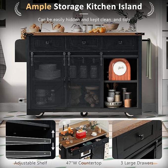 53.7" Farmhouse Kitchen Island with Power Outlet, 2 Sliding Barn Door Kitchen Storage Island with Drop Leaf, Spice Rack Rolling Kitchen Cart on Wheels for Home, Kitchen, Dining Room, Black - LeafyLoom