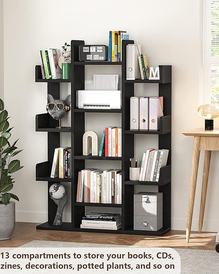 Aheaplus Bookshelf, Tree-Shaped Bookcase Storage Shelf with 13 compartments, Books Organizer Display Cube Shelves, Industrial Free Floor Standing Wood Open Bookshelves, Black - LeafyLoom