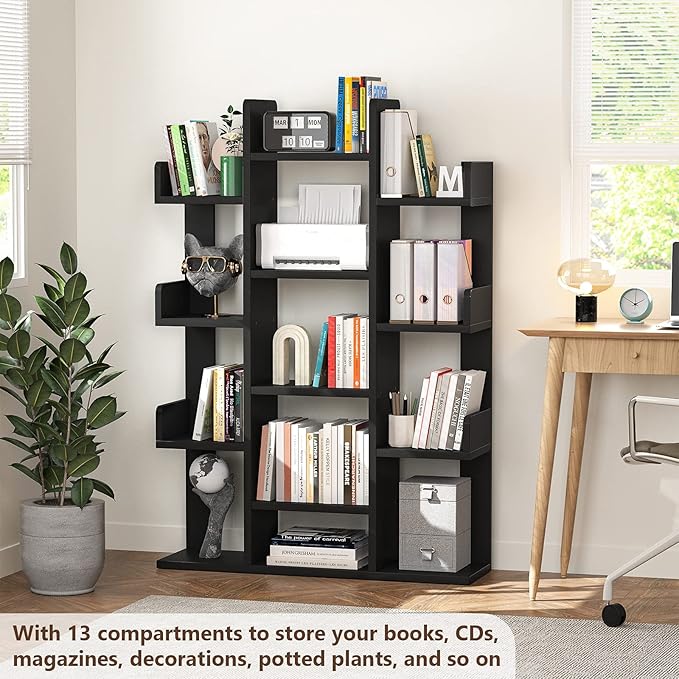Aheaplus Bookshelf, Tree-Shaped Bookcase Storage Shelf with 13 compartments, Books Organizer Display Cube Shelves, Industrial Free Floor Standing Wood Open Bookshelves, Black - LeafyLoom