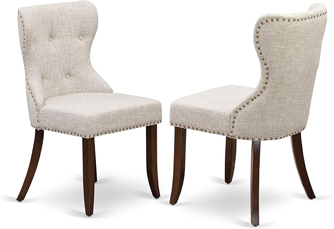 East West Furniture AMSI3-MAH-35 Antique 3 Piece Room Set Contains a Round Kitchen Table with Pedestal and 2 Doeskin Linen Fabric Parson Dining Chairs, 36x36 Inch - LeafyLoom