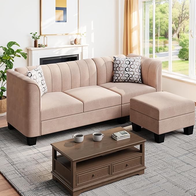 Shintenchi Upgraded Convertible Sectional Sofa Couch, 3 Seat L Shaped Sofa with High Armrest Linen Fabric Small Couch Mid Century for Living Room, Apartment and Office (Beige) - LeafyLoom