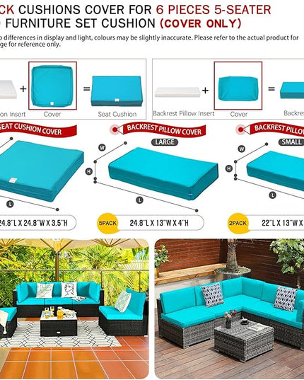 ClawsCover 12 Pack Outdoor Seat and Back Cushions Replacement Covers Fit for 6Pieces 5-Seater Wicker Rattan Patio Furniture Conversation Set Sectional Couch Chairs,Turquoise-Include Cover Only - LeafyLoom