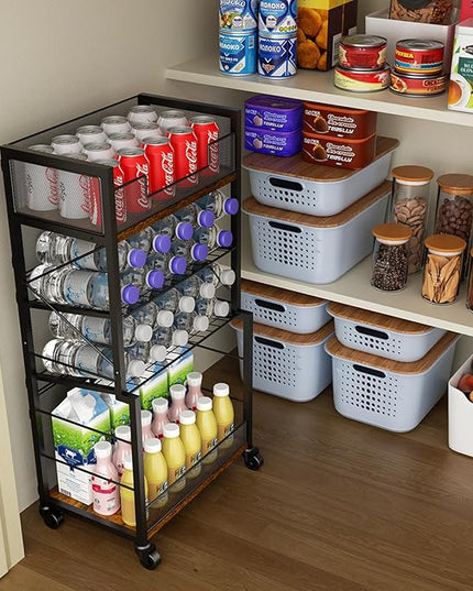 4-Tier Rolling Storage Cart Organizer with 2 Mesh Sliding Trays, Can,Drink,Snack Organizer Shelves, Retro Utility Cart on Lockable Wheels for Kitchen,Bathroom,Study,Pantry - LeafyLoom