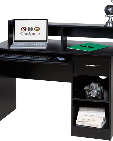 OneSpace Essential Computer Desk, Hutch with Pull-Out Keyboard, Black - LeafyLoom