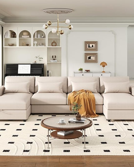 128.3" Modern Large U-Shaped Sectional Sofa with 2 Storage Chaise and 4 Lumbar Pillows, Oversized Reversible Upholstered Couch for Living Room, Apartment, Office, Beige, 128.3 Inch - LeafyLoom