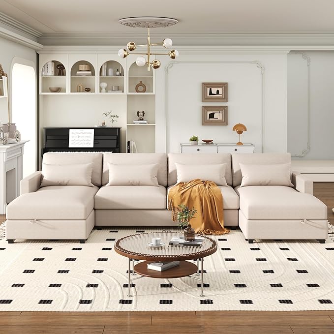 128.3" Modern Large U-Shaped Sectional Sofa with 2 Storage Chaise and 4 Lumbar Pillows, Oversized Reversible Upholstered Couch for Living Room, Apartment, Office, Beige, 128.3 Inch - LeafyLoom