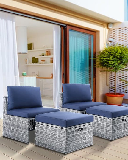 BACKYARD EXPRESSIONS PATIO · HOME · GARDEN w Backyard Expressions 2 Pc. Outdoor Conversation Chair Set with Storage and Ottoman, 250lb Weight Capacity, Navy Blue/Grey Wicker - LeafyLoom