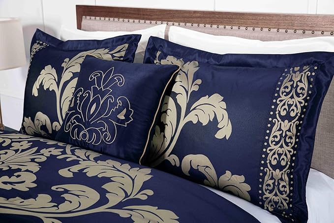 Chezmoi Collection Royale 7-Piece Jacquard Floral Comforter Set, Oversized King, Navy/Gold - LeafyLoom