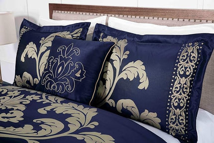 Chezmoi Collection 7-Piece Jacquard Floral Comforter Set (California King, Navy/Gold) - LeafyLoom