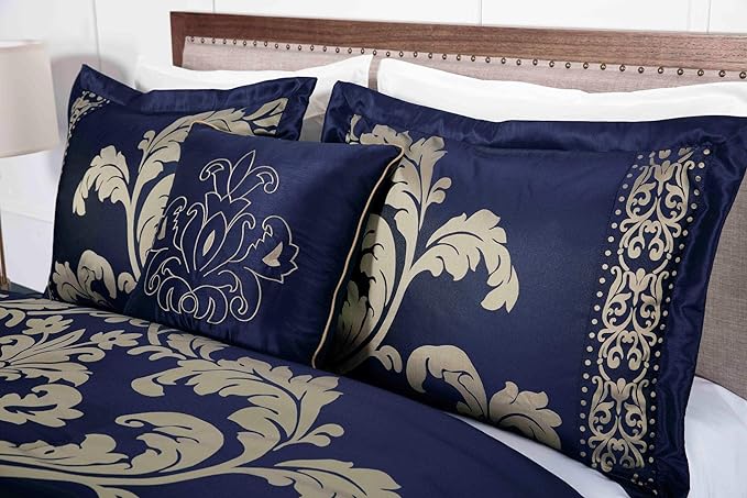 Chezmoi Collection Royale 7-Piece Jacquard Floral Comforter Set, Oversized Queen, Navy/Gold - LeafyLoom