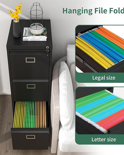 3 Drawer File Cabinet, Metal Vertical File Cabinets with Lock for Home Office, Office Steel Filing Cabinet for Hanging Files for A4/ Legal/Letter,Assembly Required (Black) - LeafyLoom
